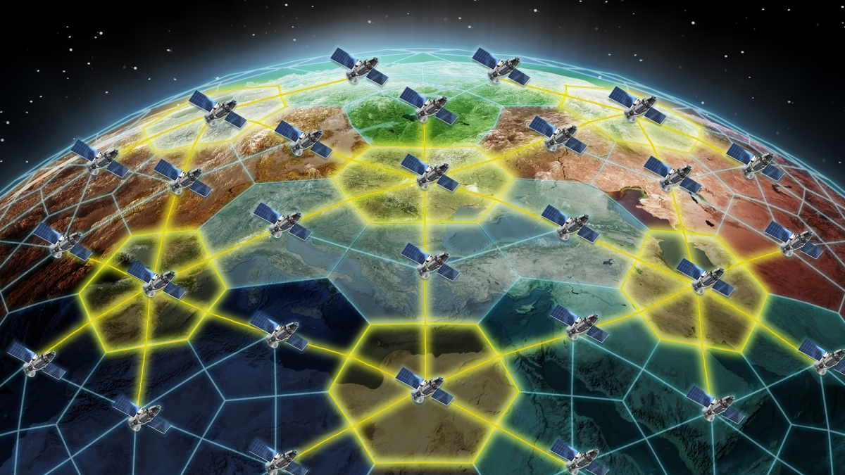 Illustrative picture of Earth from orbit and a series of connected satellites making a communications network.